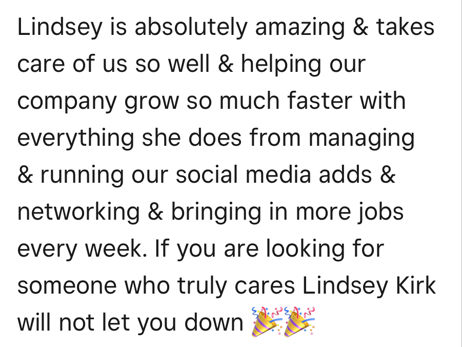 Client review screenshot about Lindsey helping a company grow through social media support.