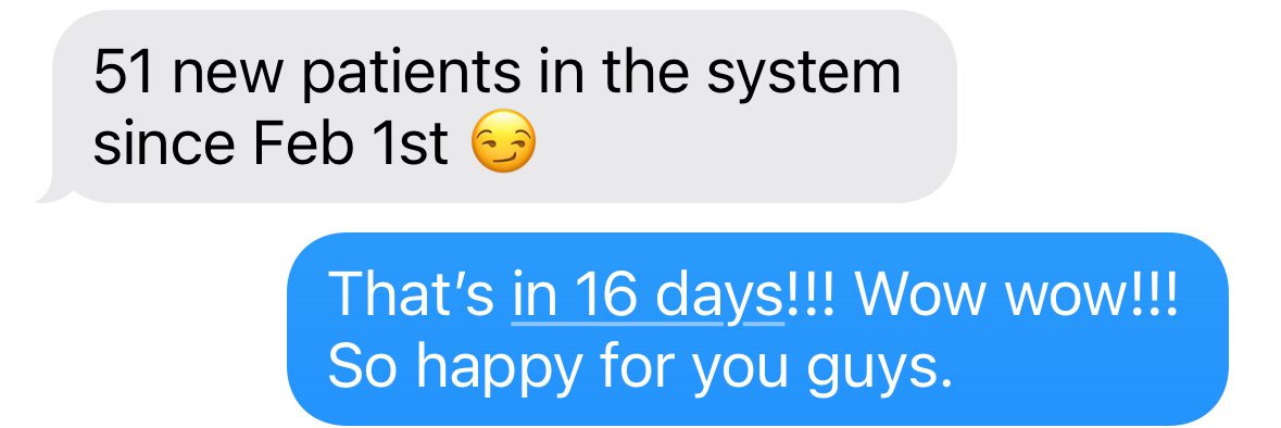 Client text message celebrating 51 new patients in 16 days from LBK Digital Studio's social media support.