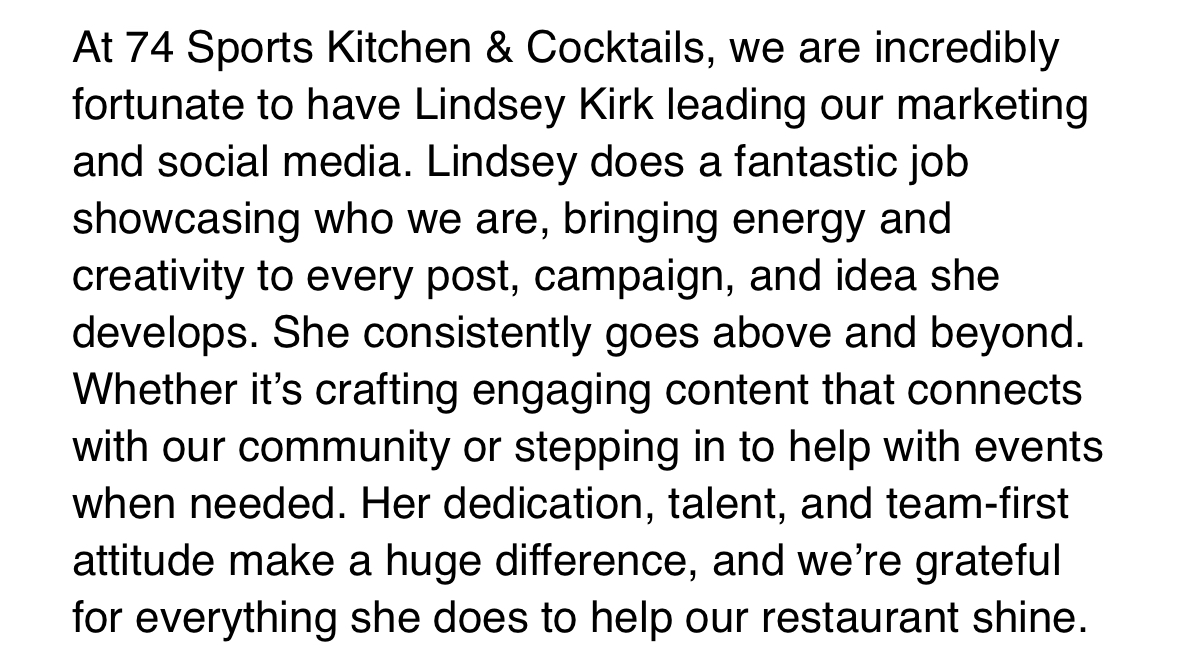 Client review screenshot about consistent marketing and social media support for a restaurant.
