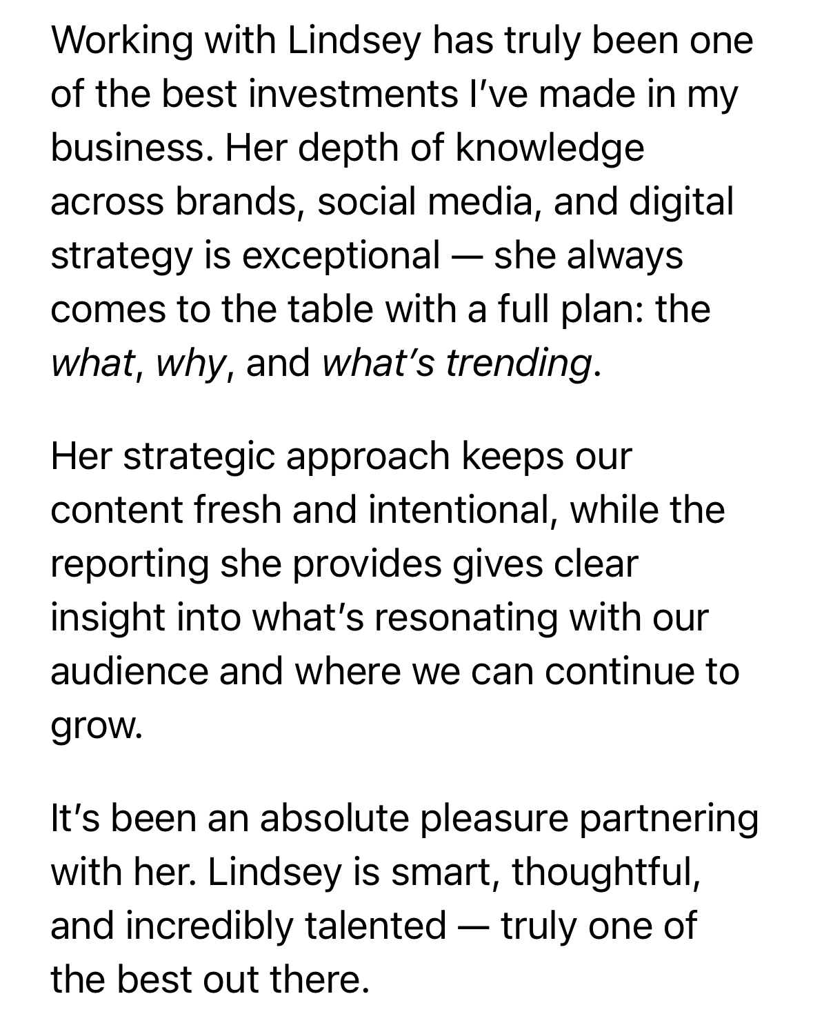 Client review screenshot about Lindsey bringing clarity, strategy, and intentional content direction.